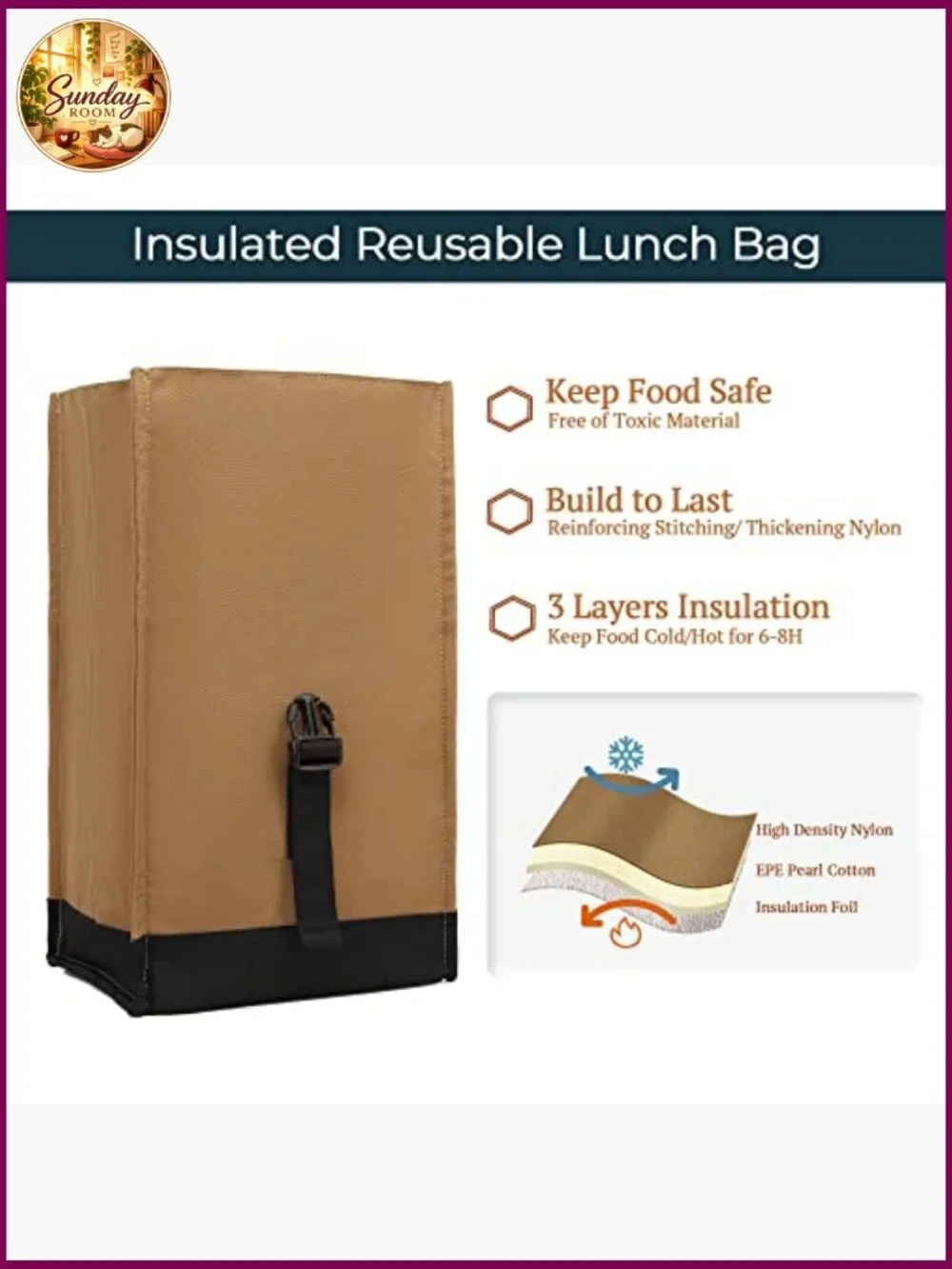 Insulated Lunch Bag Rolltop Tote with Adjustable Strap